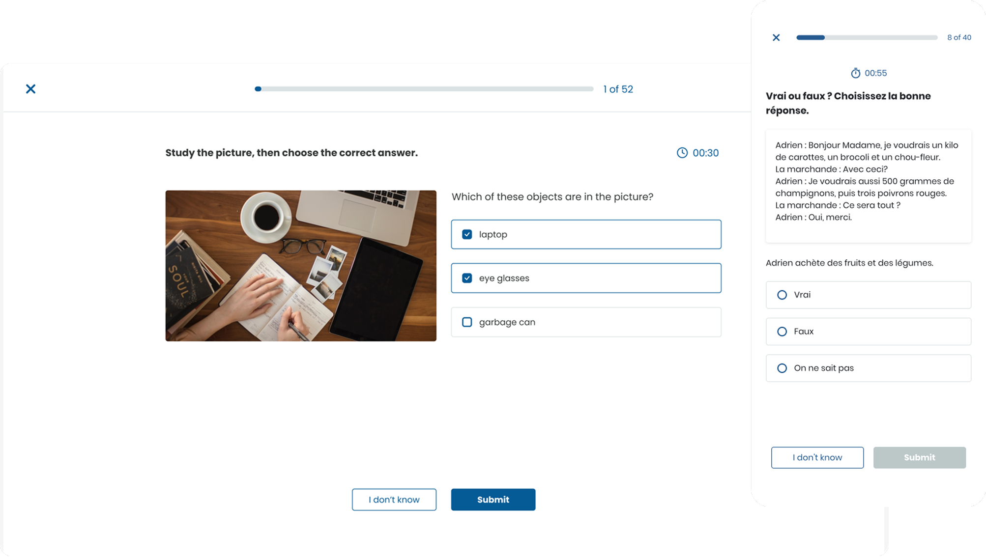 Placement test interface