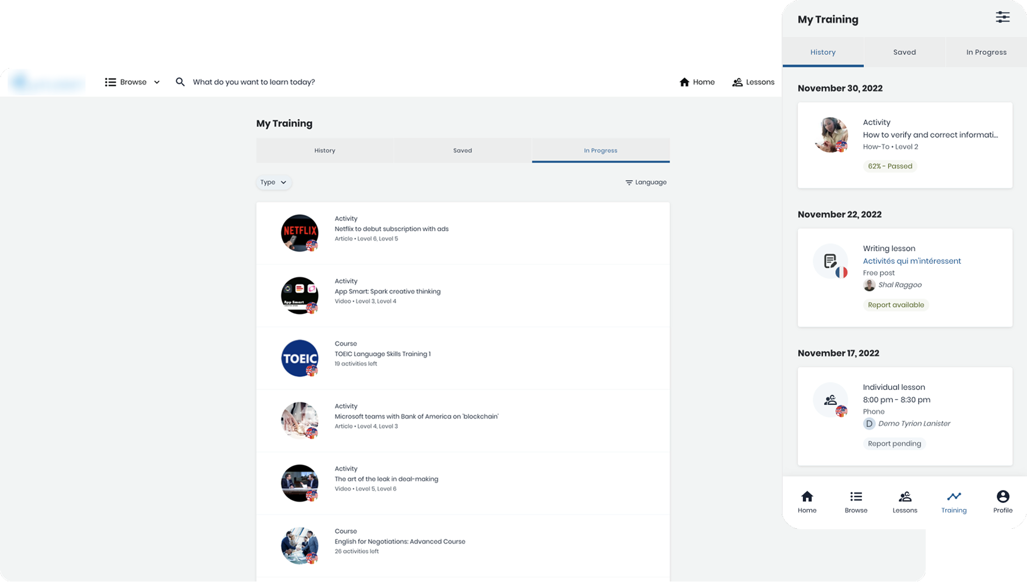 User training list and placement test