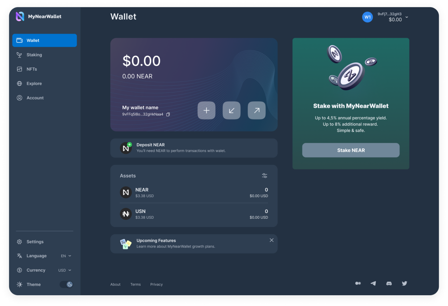 MyNearWallet dark theme — full wallet view