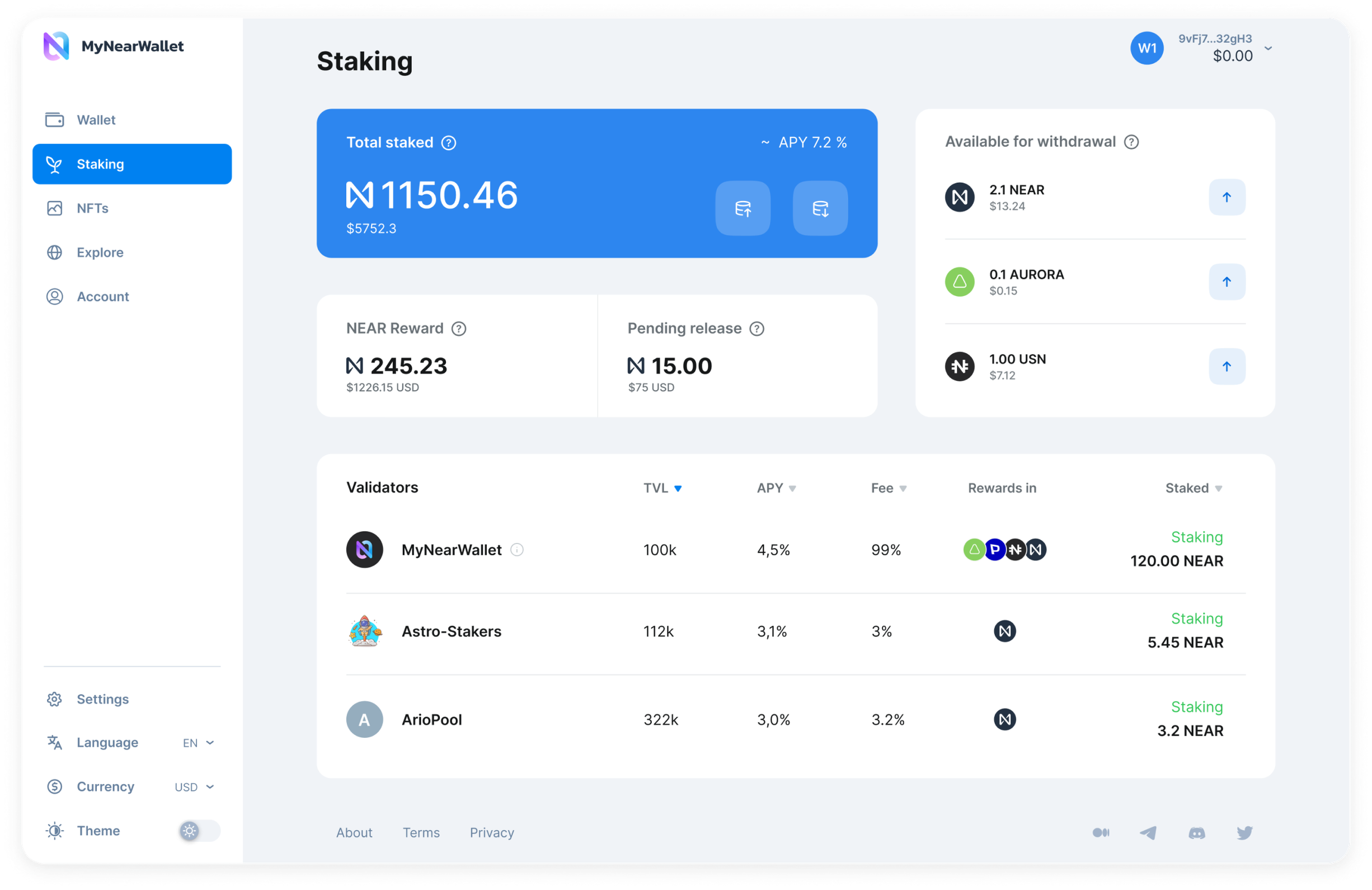 MyNearWallet staking interface